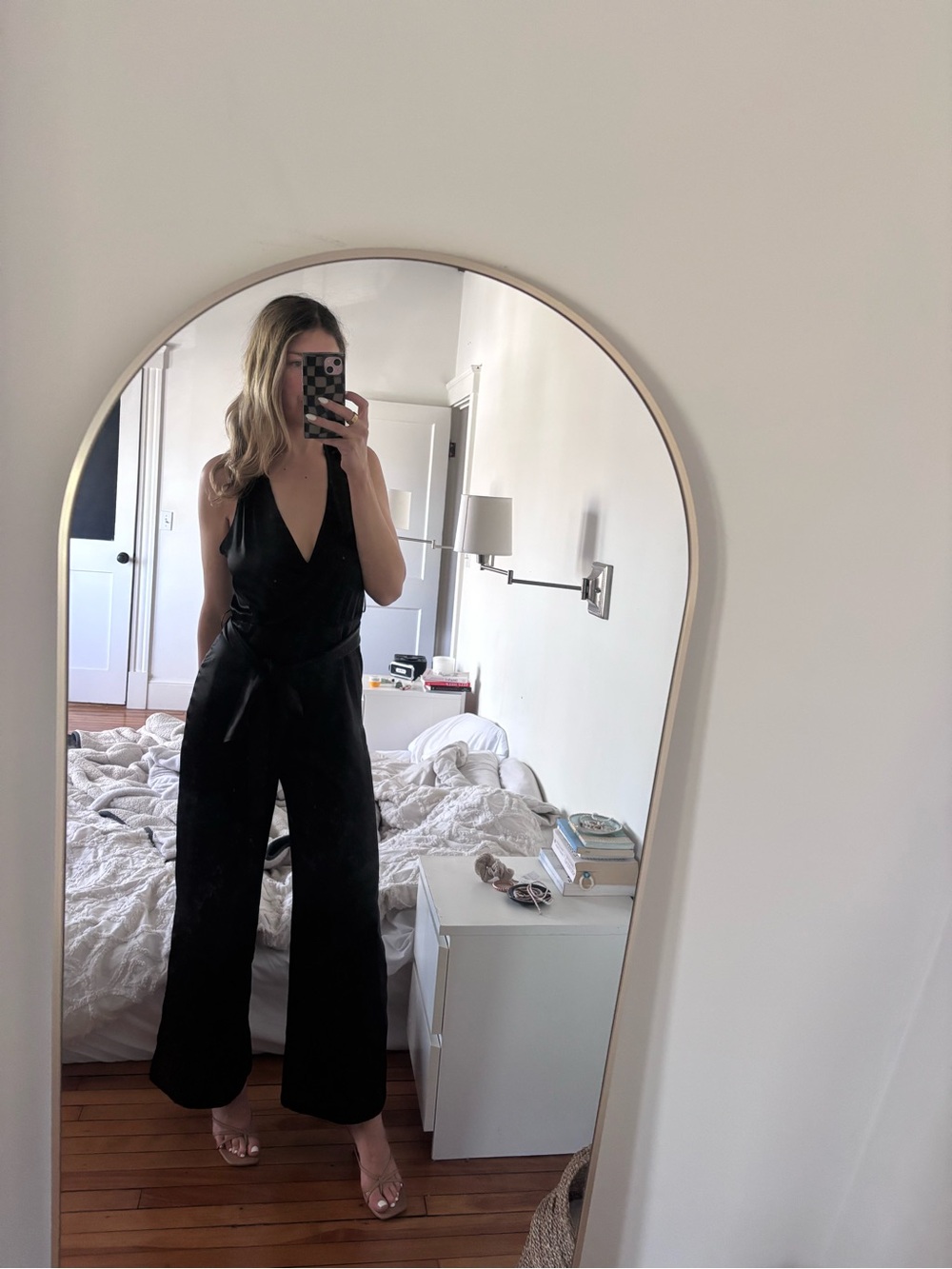 ZARA Jumpsuit Black V Neck Satin Effect Halter Wide Leg S